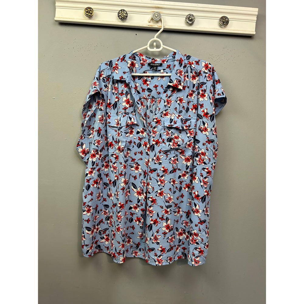 Roz & Ali Blouse Women 3X Blue Floral Short‎ Sleeve Collared Pockets